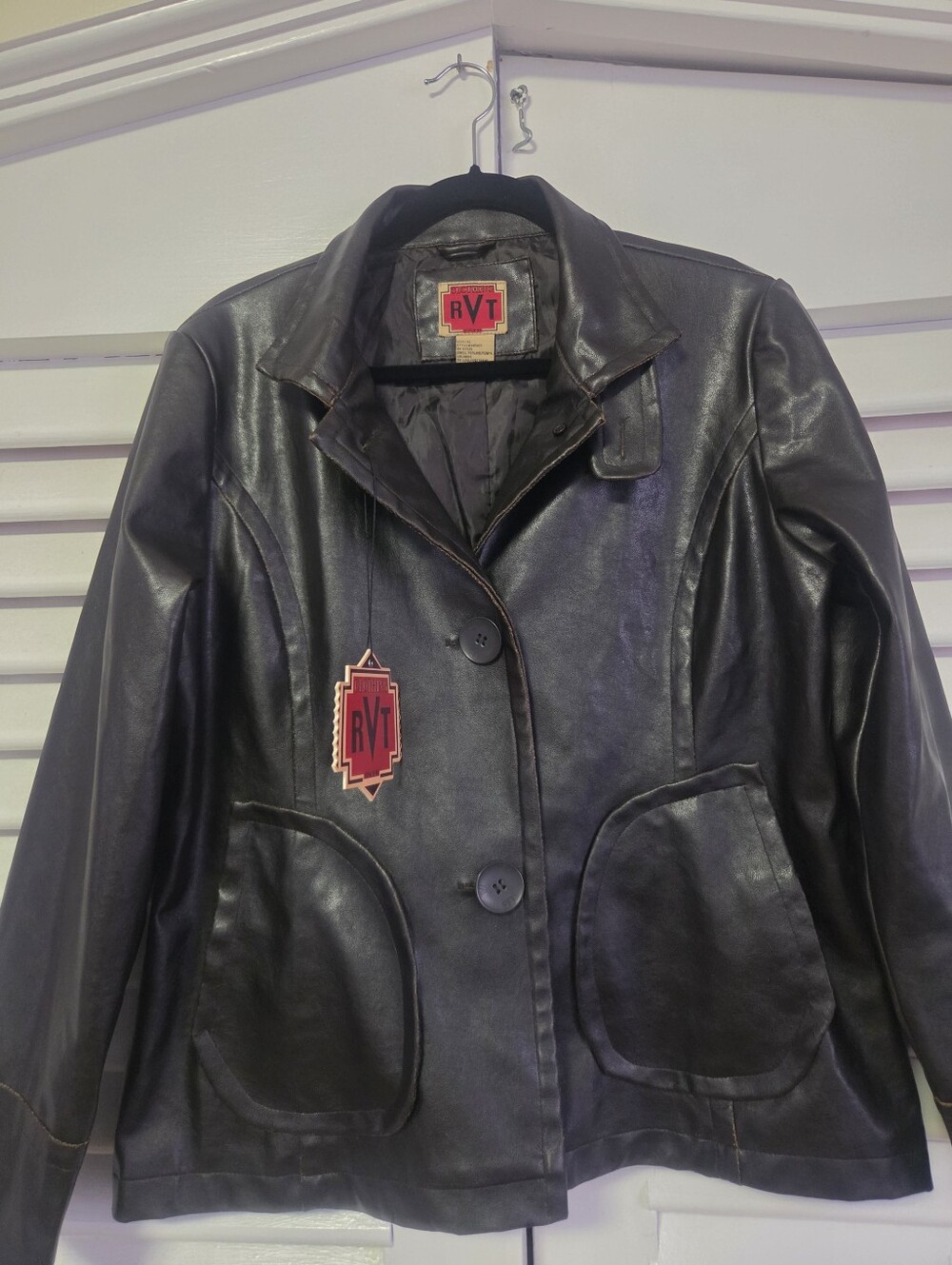 RVT Black Leather Button-Front Jacket with Patch Detail